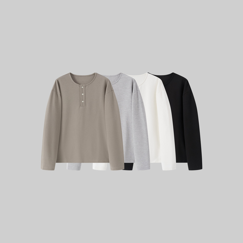 Cat and Mouse Waffle Knit Henry Collar Long-Sleeve Base Layer Boxy Fit Temperature-Regulating Anti-Wrinkle T-Shirt Versatile Cat and Mouse Waffle Knit Henry Collar Long-Sleeve Base Layer Boxy Fit Temperature-Regulating Anti-Wrinkle T-Shirt Versatile