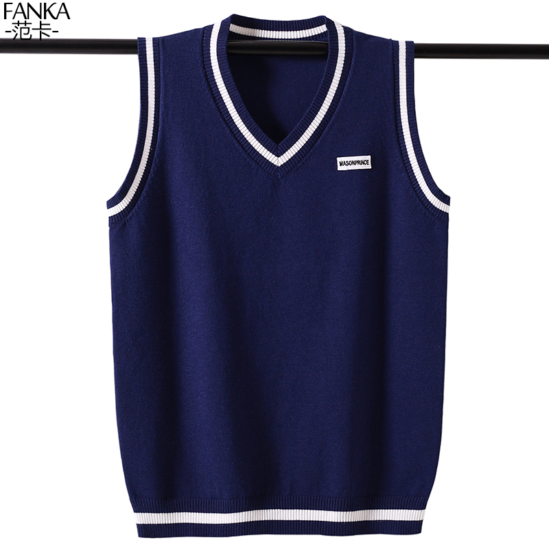 College Style Wool Vest for Boys, V-Neck Knitted Vest for Teenagers, Sleeveless Sweater Vest for High School and Junior High School Students