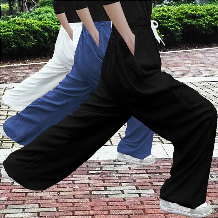 Medium thick tai chi pants spring and autumn and winter bloomers practice pants cotton and hemp tai Chi clothing for men and women loose three-color hemp martial arts
