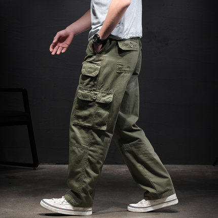 Loose Sports men's multi-pocket overalls pants casual straight tube pants large size wide legs cotton outdoor trend