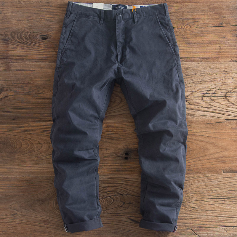 American retro solid color tooling casual pants trendy men's spring and autumn Ami khaki slim cotton elastic small straight