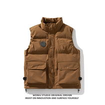 Japanese three-dimensional large pocket cotton vest mens autumn and winter thickened stand-up collar cotton vest warm loose coat