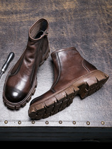 Autumn Martin boots mens tooling thick-soled leather side zipper plus velvet mid-top leather shoes mens short boots British
