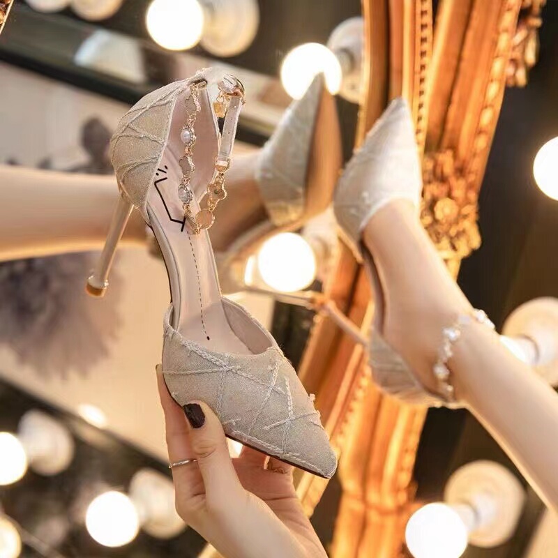Genuine Leather Closed-Toe Sandals for Women 2025 New Spring/Summer Pointed Toe Hollow High Heels Sexy Thin Heel Single Strap Shoes