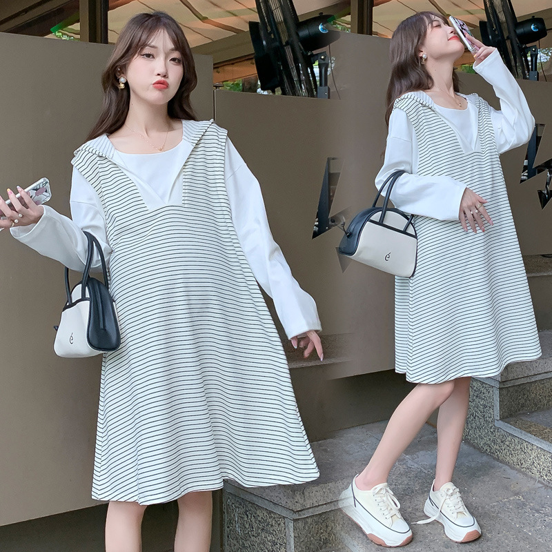 Maternity Wear, Autum Long-Sleeved Dress, Korean Style Loose Hooded Mid-Length Top, Autum Maternity Dress