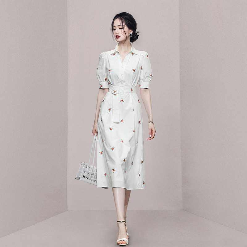 HiSunday's new polo short-sleeved white shirt long version is thin and waist a-word French floral dress qun - Taobao
