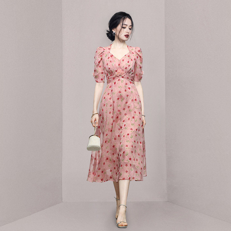 HiSunday Tea Break Bellflower Chiffon Floral Skirt Gentle Wind Ins Waist Bubble Short-sleeved French Dress - Taobao