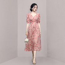 HiSunday tea break Bellflower chiffon floral skirt gentle wind ins waist short-sleeved French dress