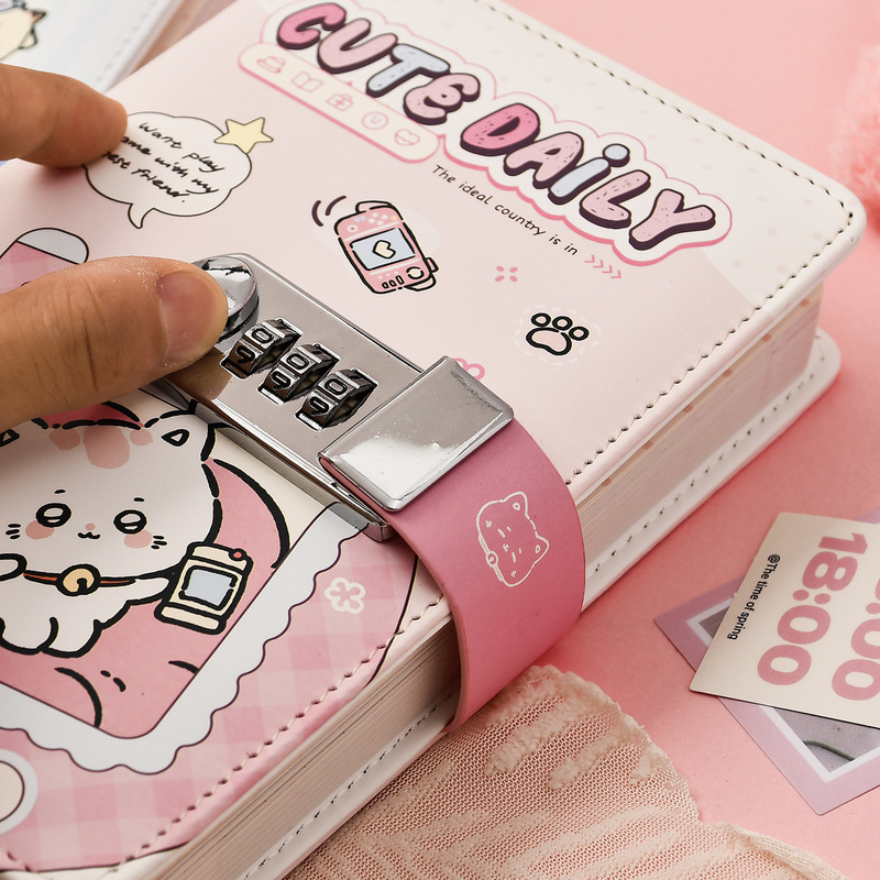 Cute Cat Code Lock Diary ins Student Lockable Notebook High-Value Girly Planner
