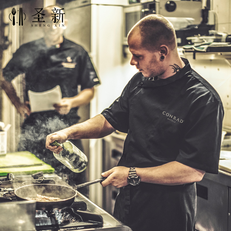 シェフ作業服 半袖 高級シェフ服 メンズ キッチン ケータリング 洋食レストラン シェフ長服 七分袖 黒