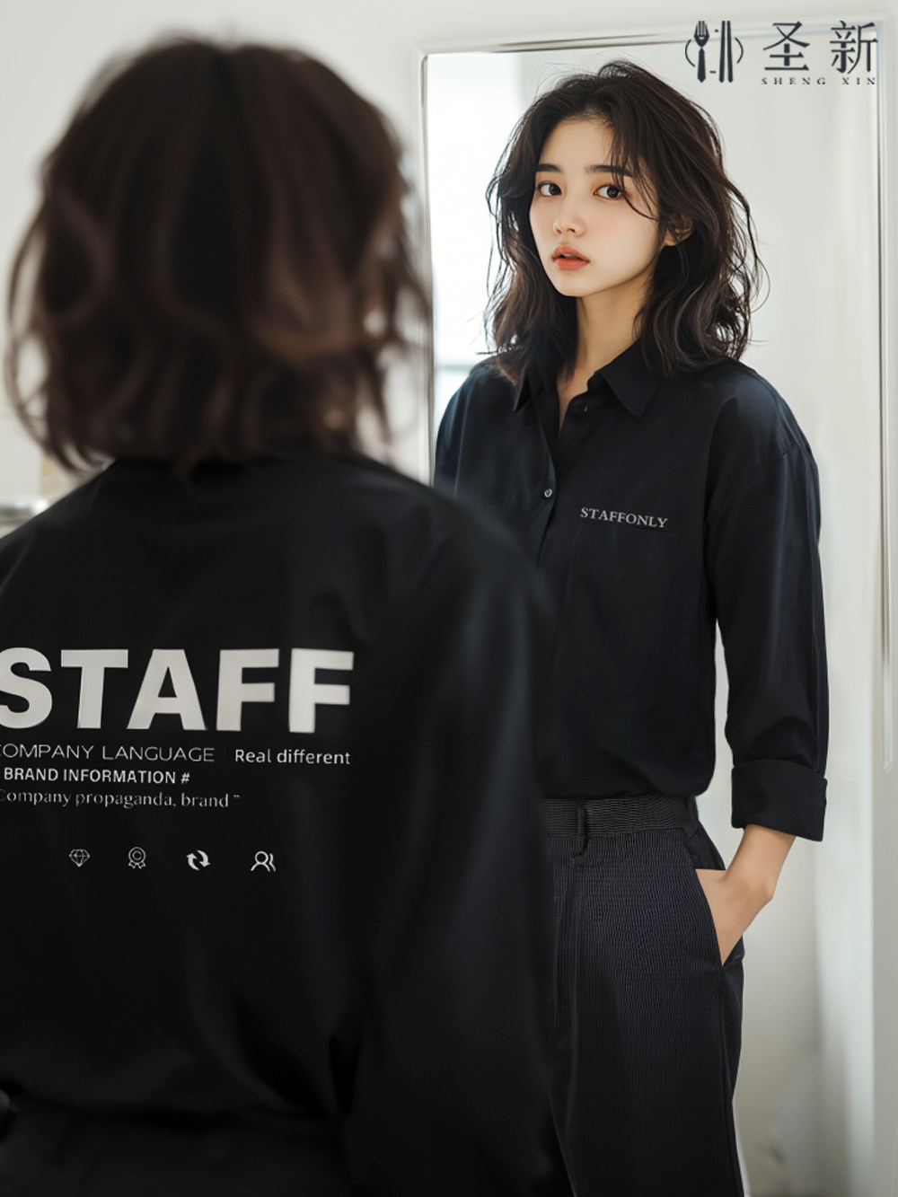 black shirt coverall coffee shop Design sense niche men and women waiter shirt restaurant bar work clothes LOGO