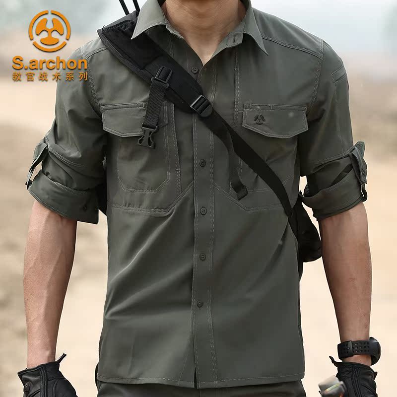 Summer outdoor long-sleeved tactical shirt men's ultra-thin breathable military fan multi-pocket quick-drying shirt lapel mountaineering jacket