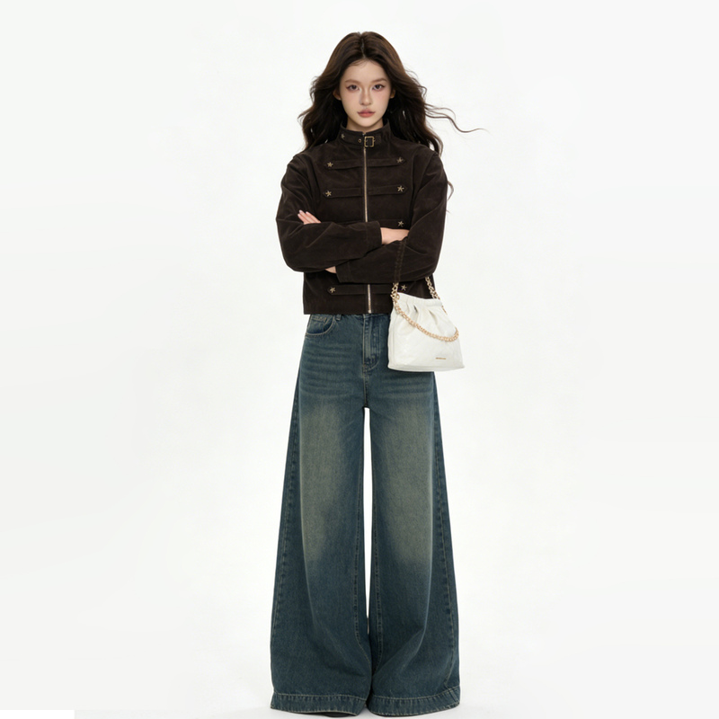 Small Ball-Shaped American-Style Suede Stand-Up Collar Short Jacket for Women with Metal Star Buckle Design, Vintage Workwear ins Outerwear