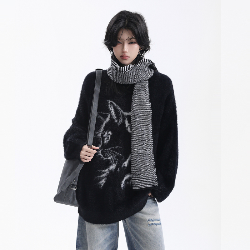 Small Ball Jacquard Sweater with High Street Dark Cat Design, Half-High Collar, Soft and Fluffy Silhouette, Lazy Style Couple Knitwear