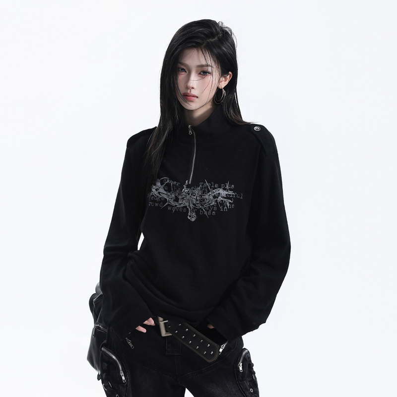 Small Ball Punk Style Printed Stand-Up Collar Long-Sleeve T-Shirt for Women, Niche High Street Shoulder Button Design, Loose Couple Top Small Ball Punk Style Printed Stand-Up Collar Long-Sleeve T-Shirt for Women, Niche High Street Shoulder Button Design, Loose Couple Top
