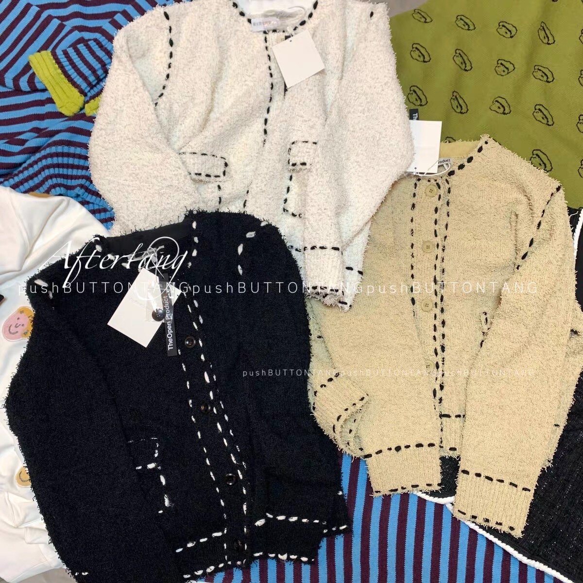 theopen 2021 autumn winter new pint small balsamic wind bump color clear line single-row buttoned sweater jacket ~