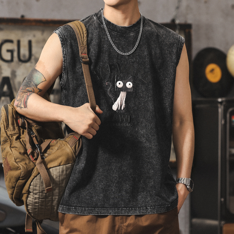 American-Style Trendy Brand Cartoon Print Tank Top for Men, Summer Hot-Selling Loose-Fitting Pure Cotton Sports Retro Washed and Distressed Short-Sleeve Shirt