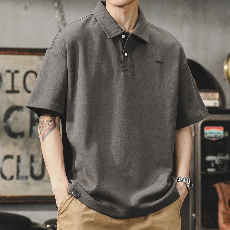 American Retro Polo Shirt for Men, Summer Simple Style, Heavyweight Men's Clothing, Loose Fit, Large Size Men's Short-Sleeve T-Shirt, Polo Shirt