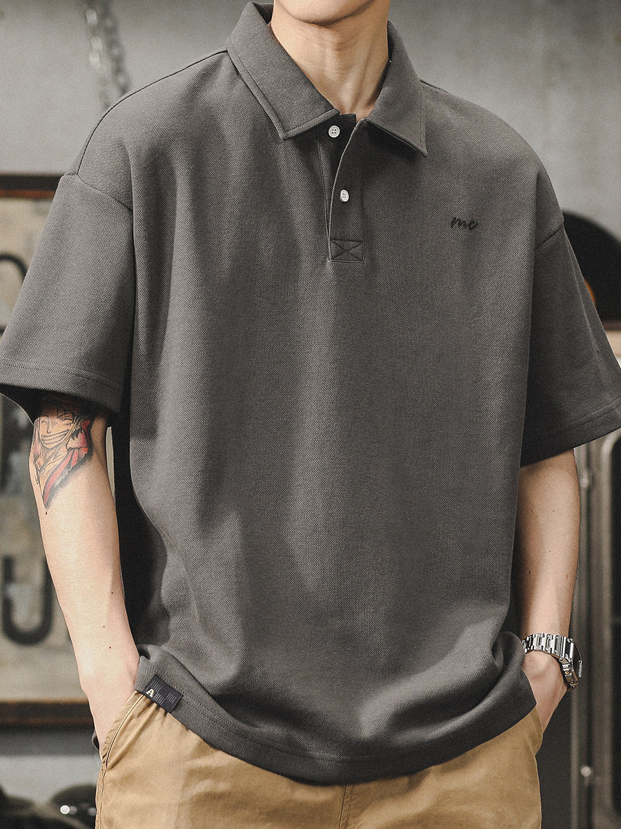 American Retro Polo Shirt for Men, Summer Simple Style, Heavyweight Men's Clothing, Loose Fit, Large Size Men's Short-Sleeve T-Shirt, Polo Shirt