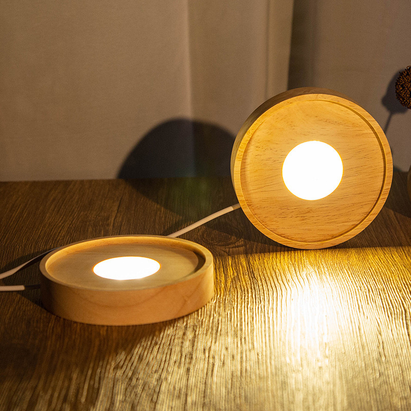 Rubber Wood Round Led Night Light Anti-Glare Luminous Salt Stone Cup Wooden Base Flameless Aromatherapy DIY Luminous Base