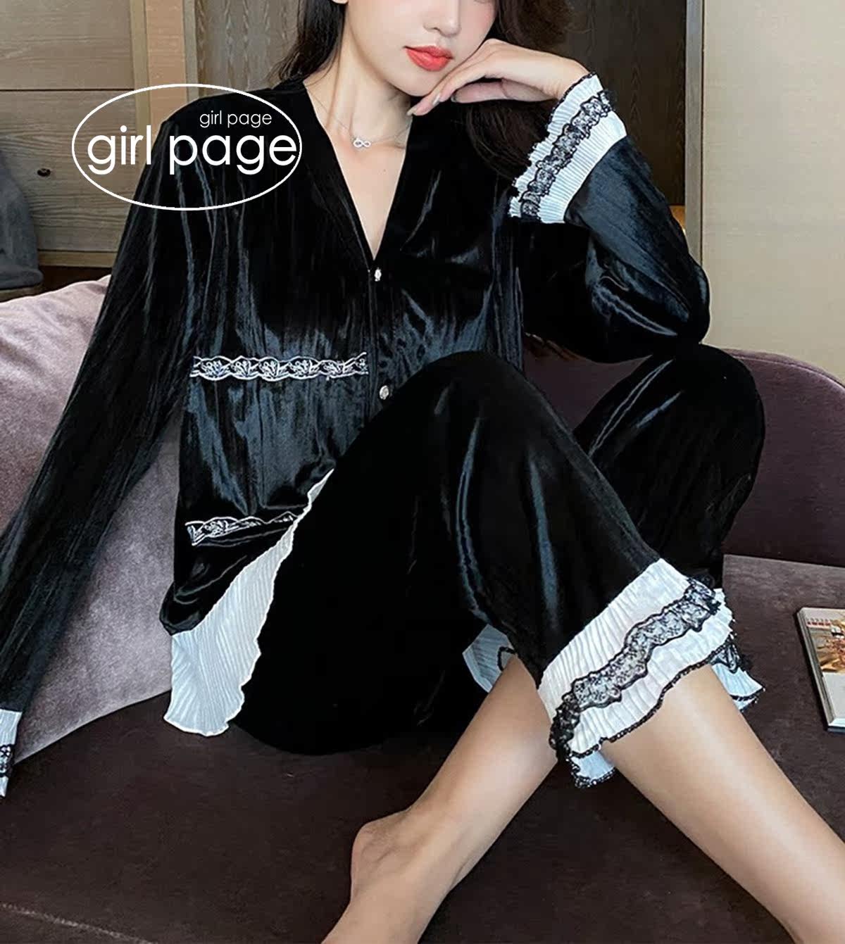 Japan GP autumn and winter gold velvet lace cardigan pajamas women's sweet solid color long-sleeved home clothes two-piece suit