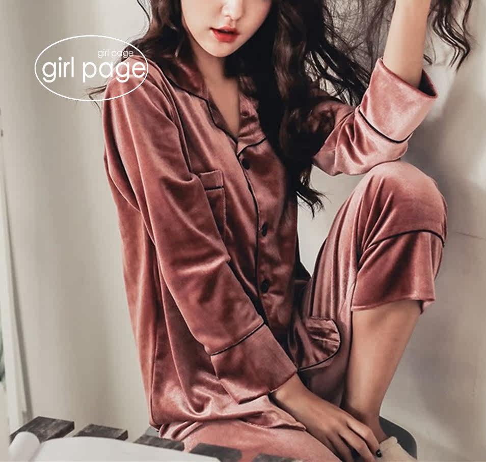Japanese GP solid color gold velvet lapel pajamas women's long-sleeved Korean style autumn and winter can be worn outside the home clothes suit