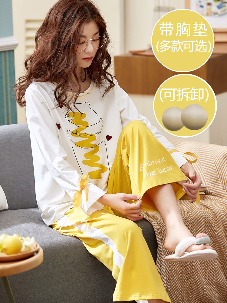 Japanese cartoon pajamas women with chest pad spring and autumn long-sleeved suit Korean version modal can go out home clothes