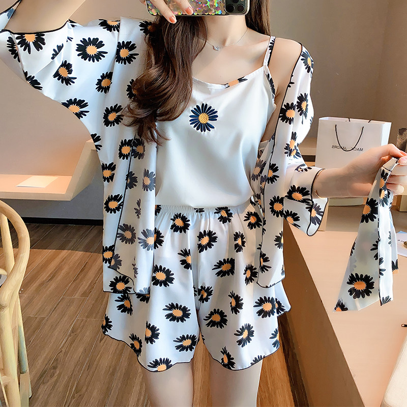 Net Red Ice Silk Sleepwear Women's Summer Harness Sexy Cute Suit Thin printed little daisy to the brokenness