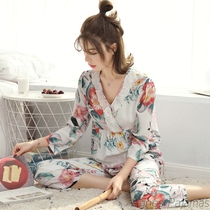 Japan Flower Pure Cotton Pyjamas Womens Spring Autumn Season Long Sleeve V Collar Suit 2021 New Loose House Suit