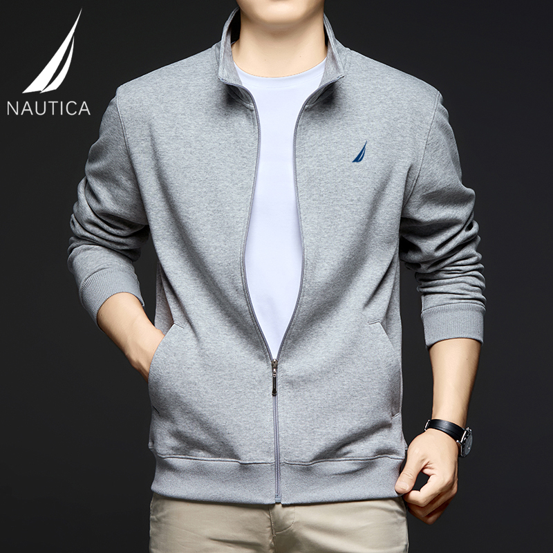 Nautica/Notica Men's Autum Stand-Up Collar Sweatshirt Jacket Men's Pure Color Casual Top Large Size Zipper Cardigan