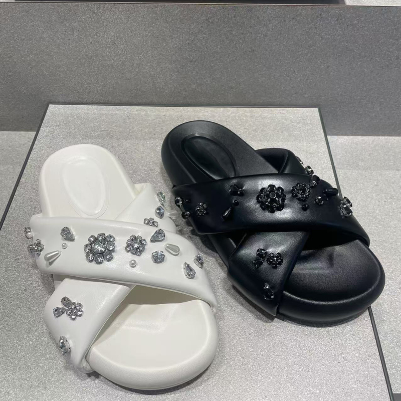 Chtsb&Ksrt2025 New Women's Shoes 70580233-2 Thick-Soled Sandals with Shiny Diamond Cross Straps and Flat Slippers for Women