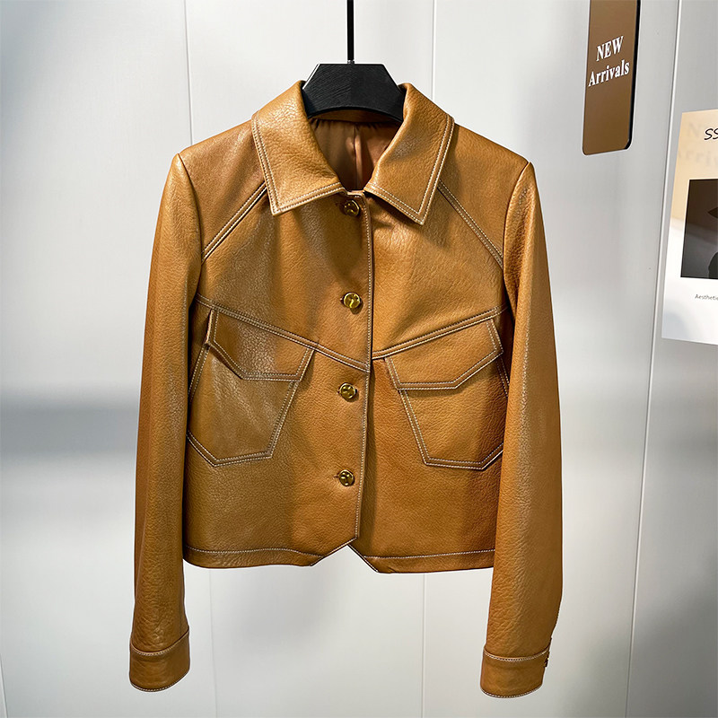European station star with high import sheep skin toffee leather jacket female coat short autumn