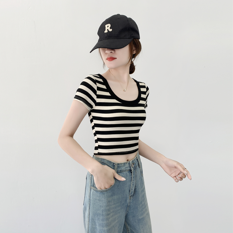 Striped Short-Sleeved T-Shirt with Chest Pads for Women, Round Neck, Short Modal Crop Top, Half-Sleeve Inner Layer, Outerwear Top Striped Short-Sleeved T-Shirt with Chest Pads for Women, Round Neck, Short Modal Crop Top, Half-Sleeve Inner Layer, Outerwear Top