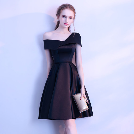 Evening dress for women, banquet, luxury, niche, high-end, high-end, one-shoulder black dress for adults