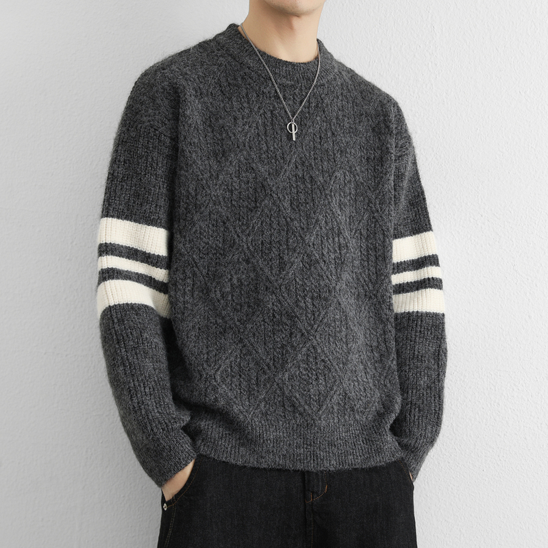 Soft and Cozy Japanese Retro Sweater for Men, New Autumn and Winter Diamond Pattern Jacquard Color-Blocked Thick Pullover Knitwear