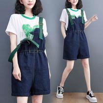 Japanese retro denim overalls shorts womens summer tooling loose straight tube age-reducing niche waist-sling wide-leg pants