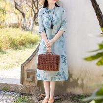 Summer new ramie high-end improved cheongsam slanted temperament womens Chinese retro cotton and linen dress