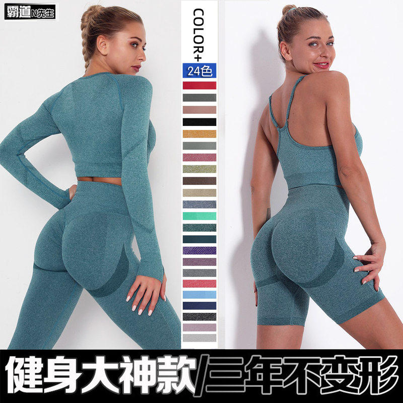 European and American New Seamless Yoga Quick-Drying Butt-Lifting Pants High-Waisted Fitness Pants Women's Tight-Fitting Long-Sleeved Sports Training Suit