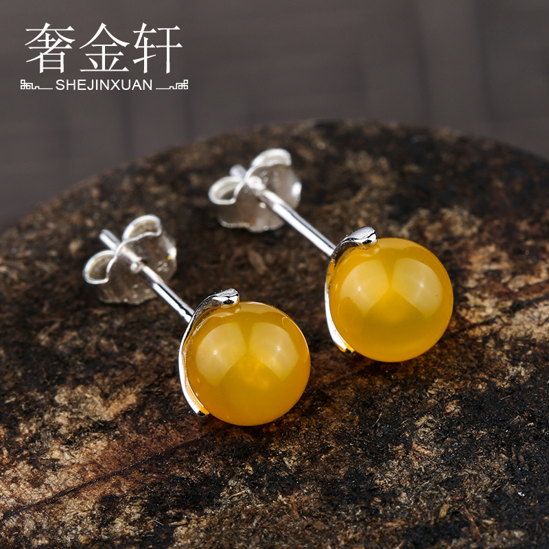 S925 silver earrings empty holder inlaid beeswax amber ear needle holder 6mm7mm8mm ear needle earring ball bead female ear holder
