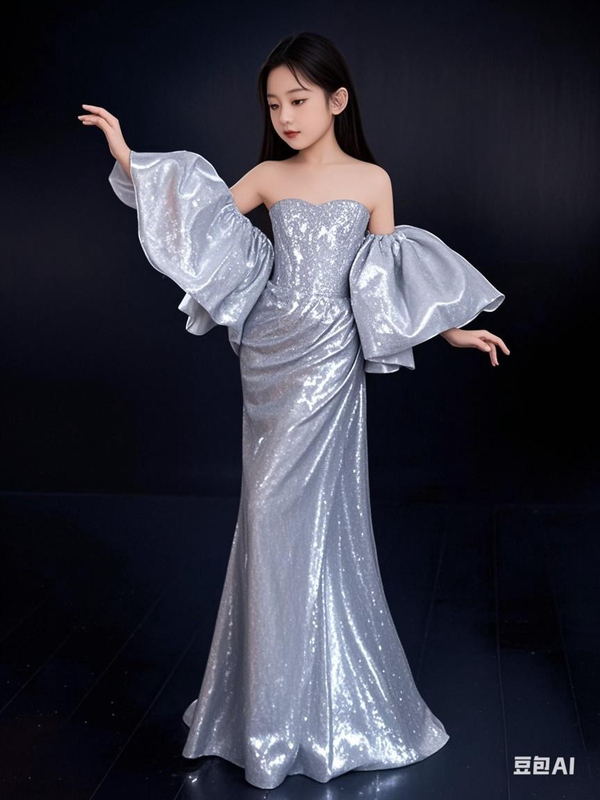 2026 New Style Girls' Evening Dress High-End Silver Sequin Slim Fit Host Girl Runway Performance Dress Long Style