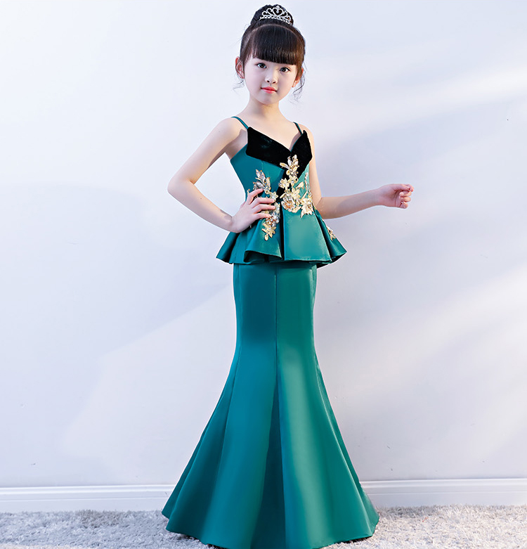 Đầm ren xanh mới thời trang giả hai cô gái Kiểu dáng đuôi cá thon dài catwalk dạ hội 2018 bộ đồ vest bé trai lịch lãm