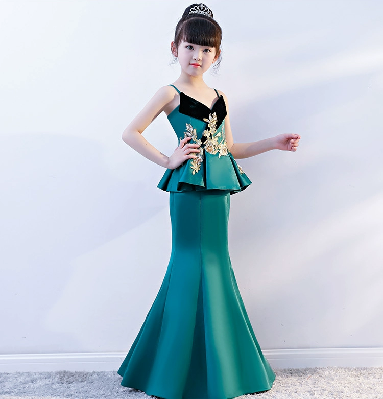 Thời trang ren xanh mới Fake Two Piece Slim Fishtail Model Catwalk Dress 2019 Sling - Váy trẻ em