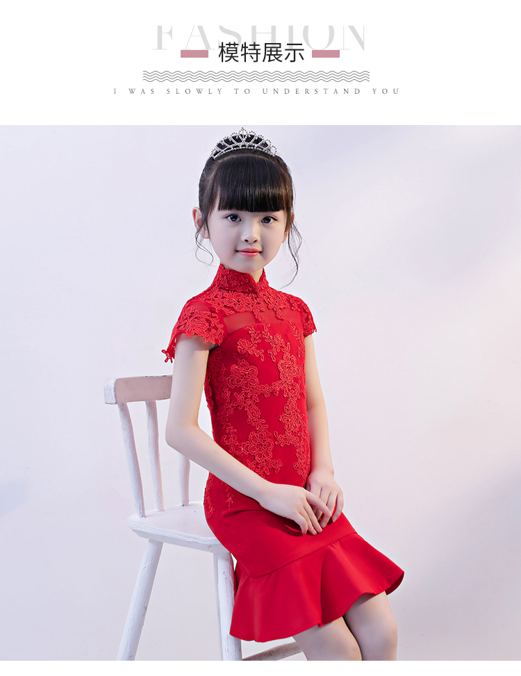 Mùa hè 2018 mới ren đỏ Trẻ em sườn xám váy ngắn thời trang xù lông cô gái bộ tuxedo bé trai