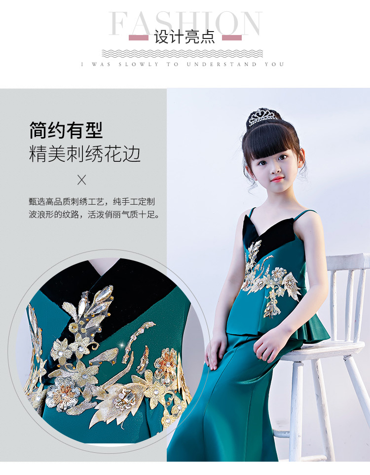 Đầm ren xanh mới thời trang giả hai cô gái Kiểu dáng đuôi cá thon dài catwalk dạ hội 2018 bộ đồ vest bé trai lịch lãm