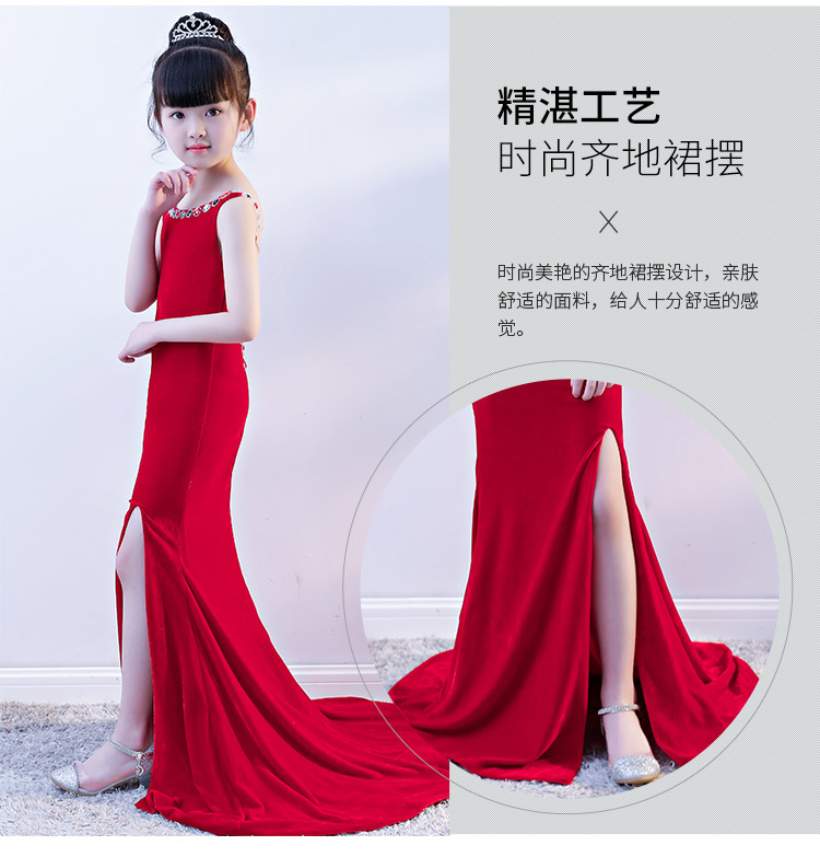 2018 mới nhung đỏ nữ trẻ em sàn catwalk buổi tối ăn mặc đuôi cá mở giai đoạn hiệu suất quần áo dài mở lại tay váy trẻ em đẹp