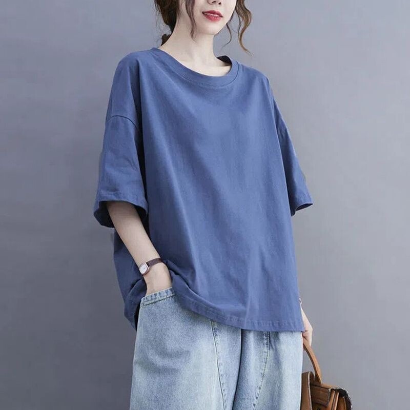 Japanese Summer Solid Color Cotton Short-Sleeve T-Shirt for Women, Casual Half-Sleeve Solid Color Fashionable Versatile Loose Top Japanese Summer Solid Color Cotton Short-Sleeve T-Shirt for Women, Casual Half-Sleeve Solid Color Fashionable Versatile Loose Top
