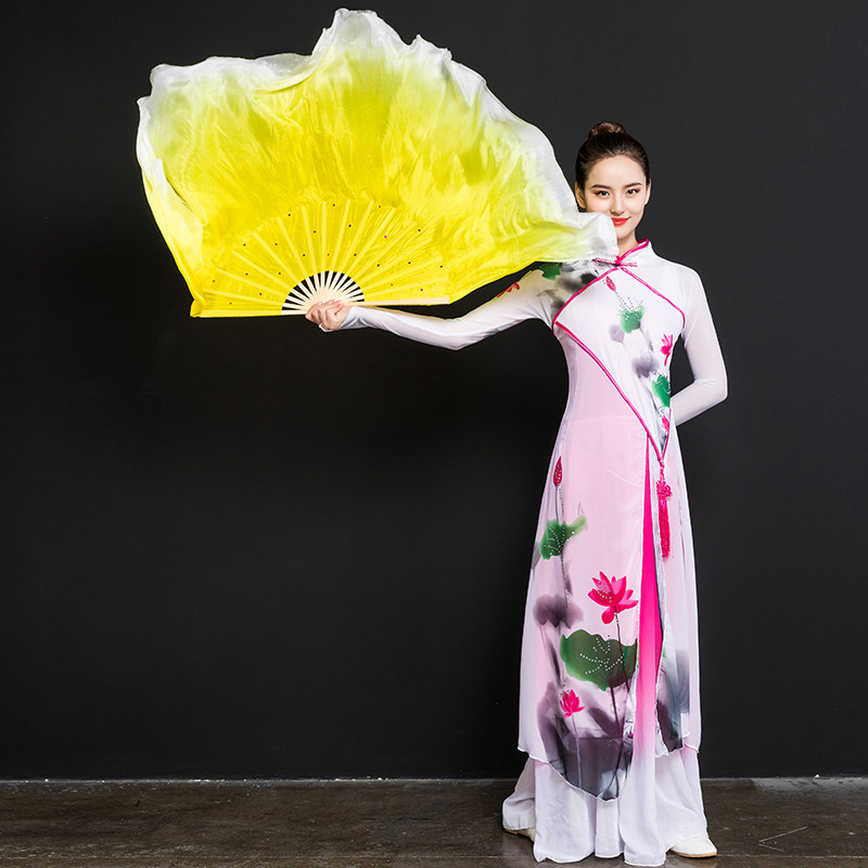 Real Silk Dance Fan Dancing Fan Lengthened Silk Fan Square Dance Fan Twisting-Transplanting Song Fan Bifacial Adult Performance Fan
