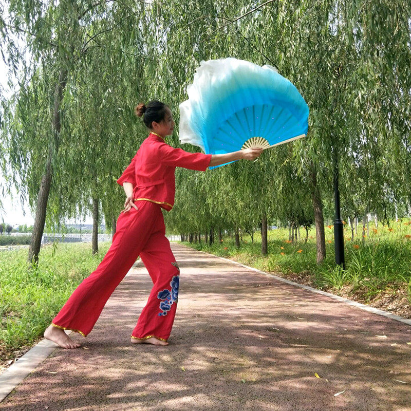 Double sided dance fan Adult lengthening performance out to sea Shoots Song Fan fan Colour Gradual Layer Fan Dancing Fan