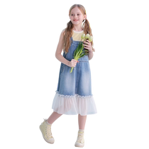 Girls Denim Mesh Splicing Suspender Skirt 2024 Summer New Fashionable Big Childrens Wear Childrens Girls Dress