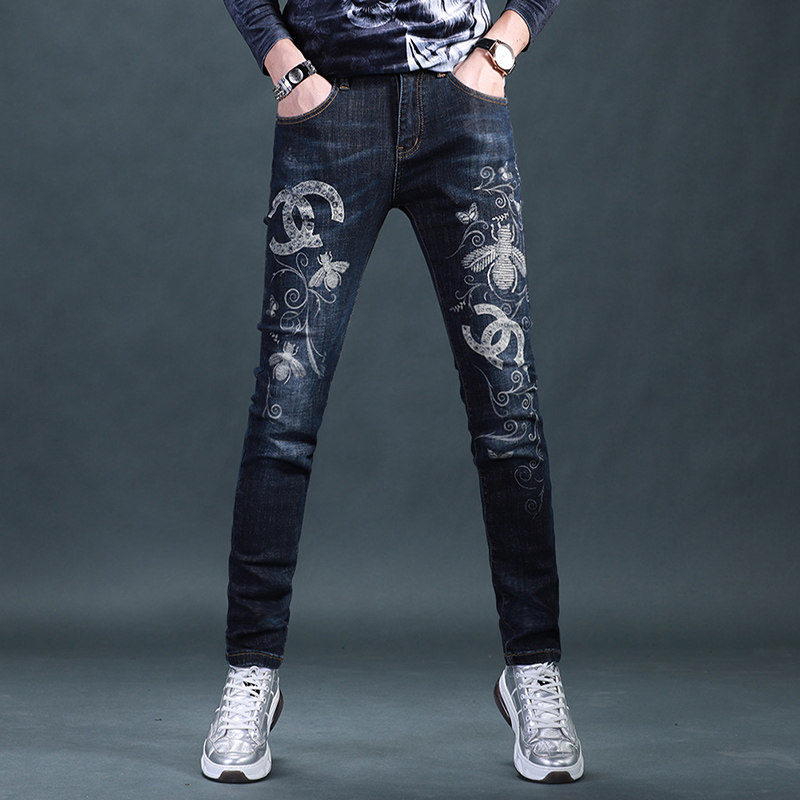 Men's printed jeans tide European station 2020 new autumn and winter thick trend mens pants high - end men's pants